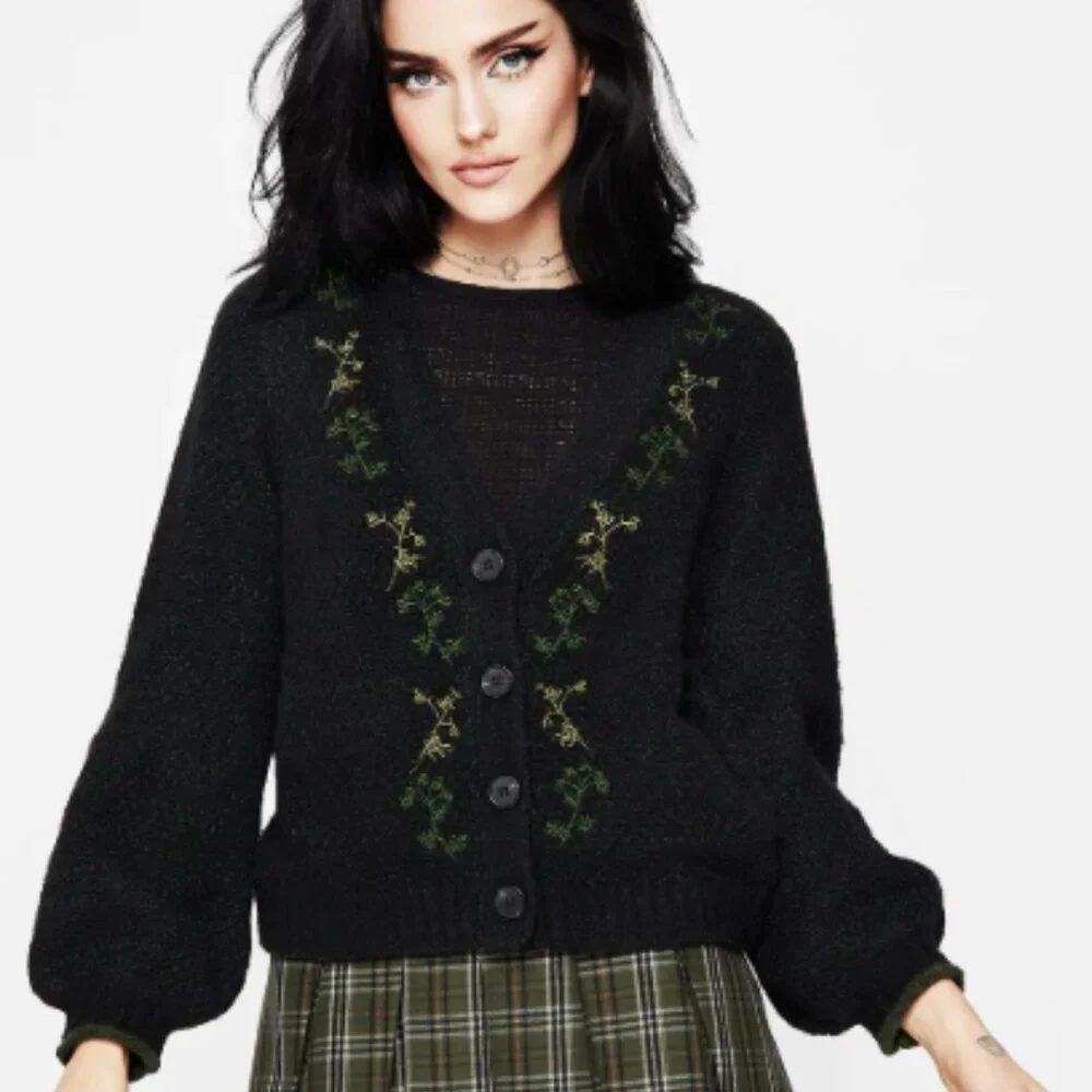 DISTURBIA Dawsonia Embroidered Knit Button Down Crop Cardigan Black M - Picture 2 of 8